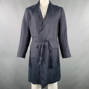 LA PERLA Size L Navy White Dots Linen Silk Shawl Collar Robe